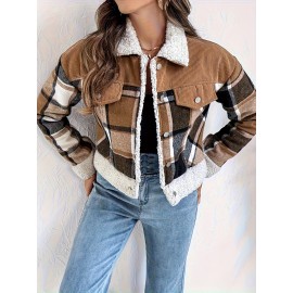 Vintage Corduroy Jacket with Faux Trim - Plaid Lapel Collar Short Coat, Workwear Lapel Pocket & Button Closure, Machine Washable Winter Outerwear (Brown/Beige) - Casual to Smart Casual Coat