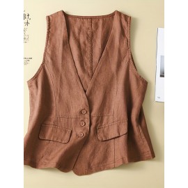 Women's Breathable Linen Sleeveless V-Neck Tank Top - Solid Color Button-Front Summer Blouse, Casual Sleeveless Vest for Beachwear, Dresses & Layering, Machine Washable Year-Round Tops