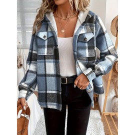 Women's -Lined Plaid Shirt Jacket - Warm Thick Winter Coat with Button Front Closure, Longline Fall Outerwear, Machine Washable Casual Blouse for Christmas & Cold Weather