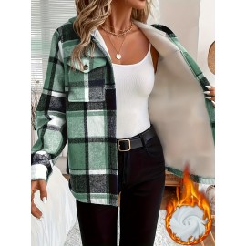 Women's -Lined Plaid Shirt Jacket - Warm Thick Winter Coat with Button Front Closure, Longline Fall Outerwear, Machine Washable Casual Blouse for Christmas & Cold Weather