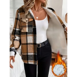 Women's -Lined Plaid Shirt Jacket - Warm Thick Winter Coat with Button Front Closure, Longline Fall Outerwear, Machine Washable Casual Blouse for Christmas & Cold Weather