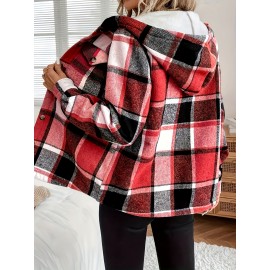 Women's -Lined Plaid Shirt Jacket - Warm Thick Winter Coat with Button Front Closure, Longline Fall Outerwear, Machine Washable Casual Blouse for Christmas & Cold Weather