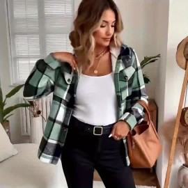 Women's -Lined Plaid Shirt Jacket - Warm Thick Winter Coat with Button Front Closure, Longline Fall Outerwear, Machine Washable Casual Blouse for Christmas & Cold Weather