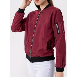 Women'S Classic Bomber Jacket Long Sleeve Stand Collar Zip Up Jacket Loose Fall Outwear