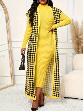Women's Elegant Houndstooth Print Cardigan Vest - Oversized Collar Long Sleeveless Jacket, Black/White/Yellow/Beige, Fall Winter Warm Coat, Machine Washable Blazer for Casual & Formal Wear
