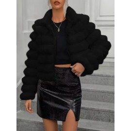 Women's Short Winter Jacket - Short-Length Collar Blazer, Black Solid Color Long Sleeve Casual Coat, Machine Washable & Versatile for Layering over Dresses, Skirts, Jeans - Office to Party Wear (No Belt)