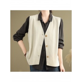 Women's Sleeveless H-Line Regular Fit Jacket - Solid Color Round Neck Winter Coat with Zipper Front Closure, Casual to Semi-Formal Outerwear for Fall & Winter Layering (Blouses/C Dresses under Jacket)