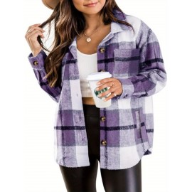 [Plaid Shacket] Plaid Shacket - Women's Long Sleeve Button Overshirt W/ Mid-Weight Warmth | Fall Layering Staple For Work, Weekend & Date Nights