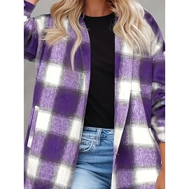[Plaid Shacket] Plaid Shacket - Women's Long Sleeve Button Overshirt W/ Mid-Weight Warmth | Fall Layering Staple For Work, Weekend & Date Nights