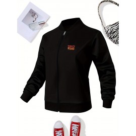 Women's Turkey Squad Graphic Zip-Up Jacket - Black Casual Slim Fit Stand Collar Coat with Pockets, Machine Washable Fall Winter Outerwear