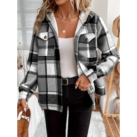 Women's Retro Plaid -Lined Hooded Jacket - Soft Brushed Polyester Button-Front Coat, Cozy Winter Outerwear for Fall & Winter, Casual Elegant Blazer (Single-Breasted Button Closure)