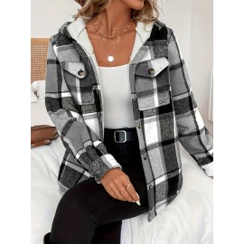 Women's Retro Plaid -Lined Hooded Jacket - Soft Brushed Polyester Button-Front Coat, Cozy Winter Outerwear for Fall & Winter, Casual Elegant Blazer (Single-Breasted Button Closure)