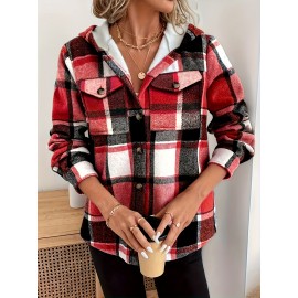 Women's Retro Plaid -Lined Hooded Jacket - Soft Brushed Polyester Button-Front Coat, Cozy Winter Outerwear for Fall & Winter, Casual Elegant Blazer (Single-Breasted Button Closure)