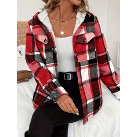 Women's Retro Plaid -Lined Hooded Jacket - Soft Brushed Polyester Button-Front Coat, Cozy Winter Outerwear for Fall & Winter, Casual Elegant Blazer (Single-Breasted Button Closure)