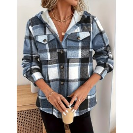 Women's Retro Plaid -Lined Hooded Jacket - Soft Brushed Polyester Button-Front Coat, Cozy Winter Outerwear for Fall & Winter, Casual Elegant Blazer (Single-Breasted Button Closure)