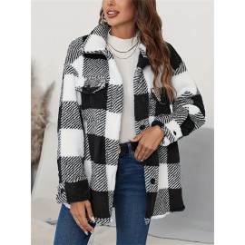 Cozy Plaid Fuzzy Jacket - Soft Thermal Insulation, Button Front, Flap Pockets, Long Sleeve, Casual Chic - Perfect for Fall & Winter, Women's Clothing, Thermal Jacket for Cold Weather