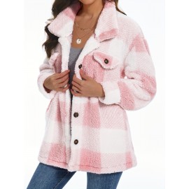 Cozy Plaid Fuzzy Jacket - Soft Thermal Insulation, Button Front, Flap Pockets, Long Sleeve, Casual Chic - Perfect for Fall & Winter, Women's Clothing, Thermal Jacket for Cold Weather