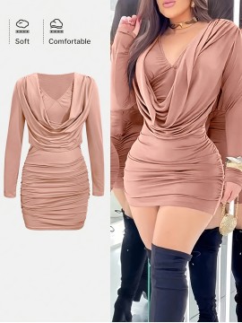 Spring, Summer And Autumn Women's Sexy Dress, V-neck, Solid Color, Tight, Hip-hugging, Ruffled Design, Short Style, Sexy Hip-hugging One-piece Mini Dress
