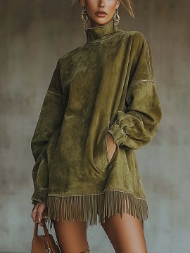 Bohemian Winter Dress with Suede Fringe Hem & Pockets - High Neck Long Sleeve Elegant Loose Fit Dress, 3D Tailored Silhouette for Weddings, Parties, Daily Wear - Machine Washable Autumn Dress