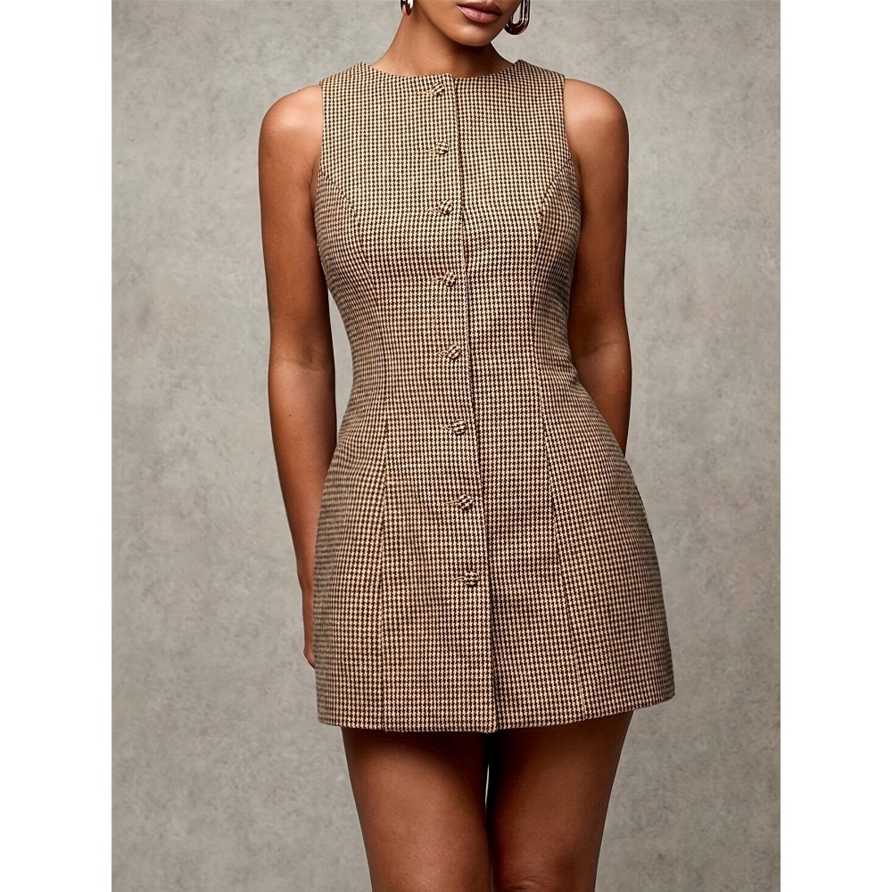 Women'S Elegant Plaid Sleeveless Dress with Front Buttons, Round Neck, Short Casual Style for Office, Formal Events, Daily Wear, Autumn and Winter Wear, Casual Event Dress | Checkered Pattern Dress | Polyester Fabri