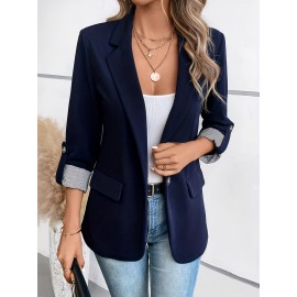 Women's Elegant Solid Black/White Lapel Blazer Jacket - Structured X-Line Single-Button Closure Work Suit Coat with Fake Pockets, Machine Washable Professional Office & Commuter Attire, Year-Round Tailored Outerwear