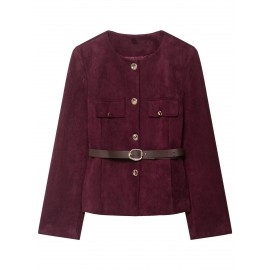 Women'S Belted Blazer | Round Neck Long Sleeve Jacket for Fall Office Wear, Chic, Single Breasted, Regular Fit