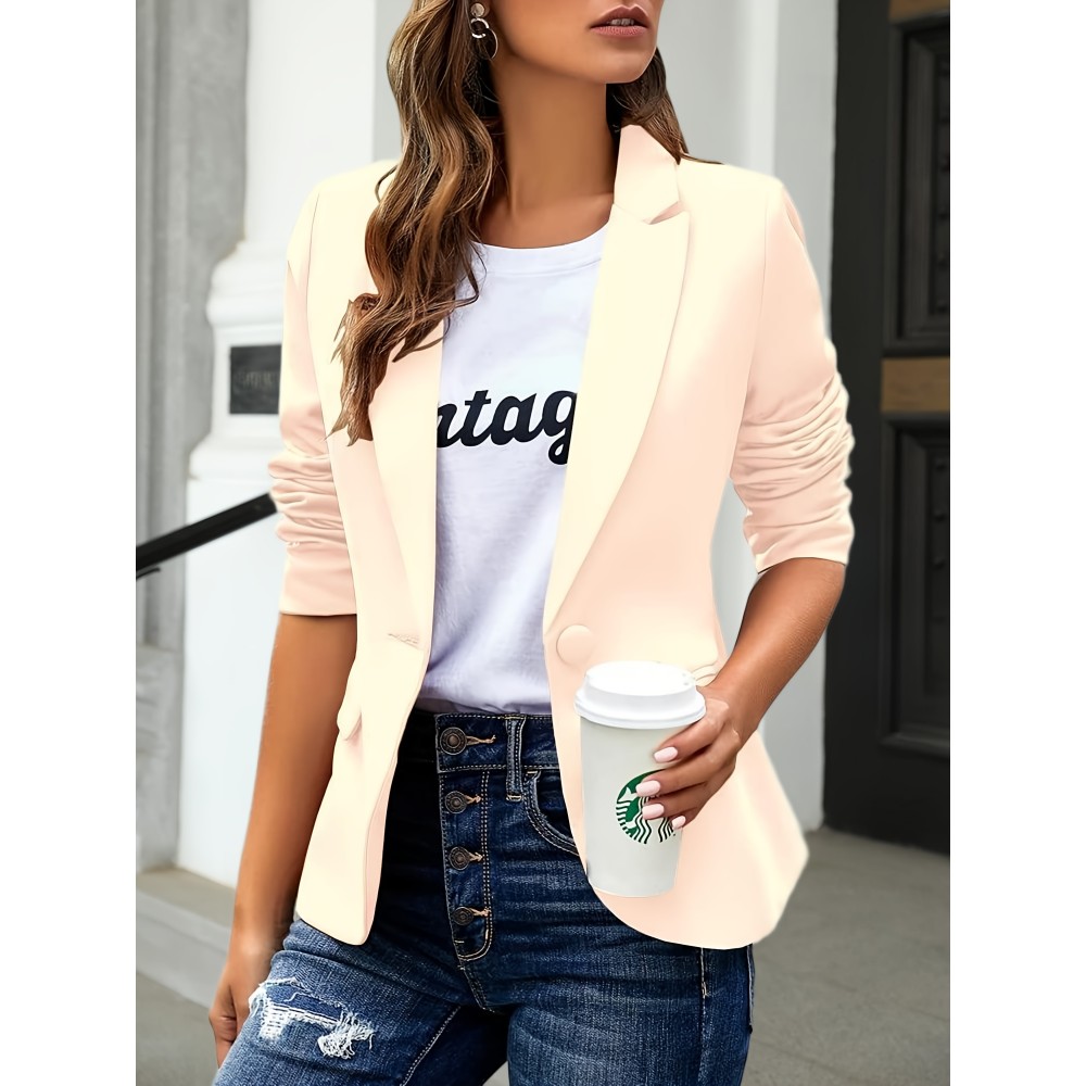 Women's Elegant Slim-Fit H-Line Blazer Jacket with Lapel Collar & Single-Button Closure - Solid Color Work Office Blazer, Machine Washable, Year-Round Professional Outerwear