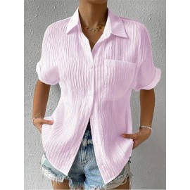 Women Short Sleeve Textured Shirts Solid Color Turn Collar Button Blouses Summer Loose Tops