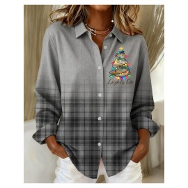 Women's Vintage Plaid Button- Shirt - Ruffle Collar Blouse, Loose Fit Casual Long Sleeve Top with Plaid Patterns (///Navy), Machine Washable for Autumn Winter Office & Casual Attire
