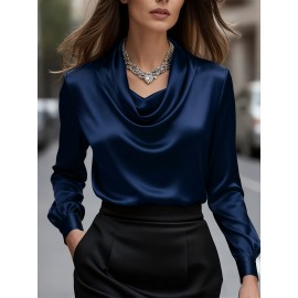 [Solid Color Versatile] Elegant Women's Long Sleeve Blouse - Soft Wrinkle-Resistant, Button-Front, Round Neck & Collar, All-Season Office Shirt