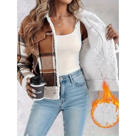 Vintage Corduroy Jacket with Faux Trim - Plaid Lapel Collar Short Coat, Workwear Lapel Pocket & Button Closure, Machine Washable Winter Outerwear (Brown/Beige) - Casual to Smart Casual Coat