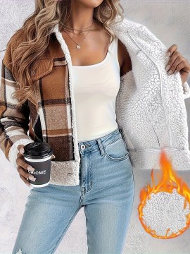 Vintage Corduroy Jacket with Faux Trim - Plaid Lapel Collar Short Coat, Workwear Lapel Pocket & Button Closure, Machine Washable Winter Outerwear (Brown/Beige) - Casual to Smart Casual Coat