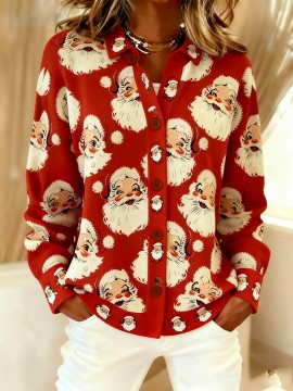 Women's Lapel Button Front Cardigan Jacket with Santa Claus & Christmas Prints - Warm Winter Coat for Christmas Parties, Lapel Collar Outerwear, Machine Washable Blazer (Autumn/Winter), 2D Flat