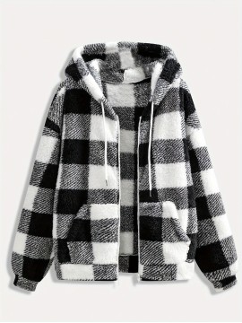 Women'S Plaid Fleece Coat - Mustard-Yellow & Checkered Winter Warmth, Soft Plush Jacket with Full-Zip Front Closure, Cozy Casual Outerwear for Fall & Winter, Winter Clothing, Fall Fashion, Stylish Outerwear, Fashion Lovers