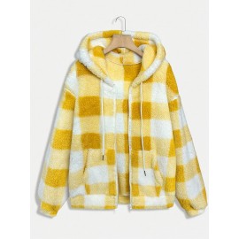 Women'S Plaid Fleece Coat - Mustard-Yellow & Checkered Winter Warmth, Soft Plush Jacket with Full-Zip Front Closure, Cozy Casual Outerwear for Fall & Winter, Winter Clothing, Fall Fashion, Stylish Outerwear, Fashion Lovers