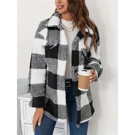 Cozy Plaid Fuzzy Jacket - Soft Thermal Insulation, Button Front, Flap Pockets, Long Sleeve, Casual Chic - Perfect for Fall & Winter, Women's Clothing, Thermal Jacket for Cold Weather